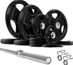 French Fitness Rubber Grip Weight Plate Set w/ 7 ft Olympic Bar 305 lbs