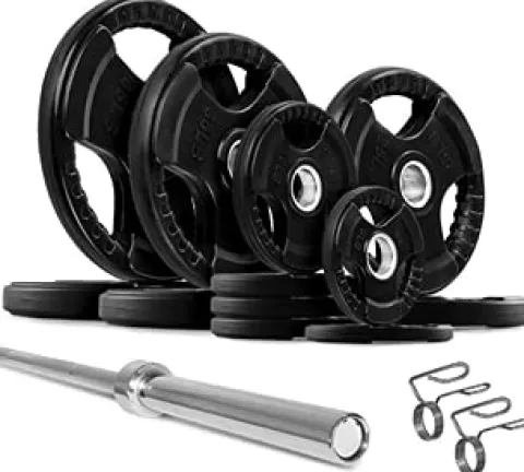 French Fitness Rubber Grip Weight Plate Set w/ 7 ft Olympic Bar 305 lbs