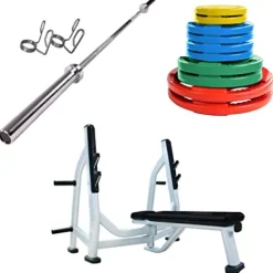 French Fitness Rubber Grip Weight Plate Set with Olympic Bar 235 lbs + Bench