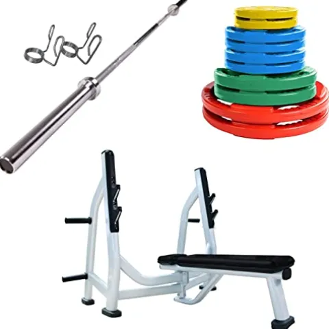 French Fitness Rubber Grip Weight Plate Set with Olympic Bar 235 lbs + Bench