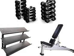 French Fitness Rubber Hex Dumbbell Set with Bench + 3 Tier Dumbbell Rack (New)