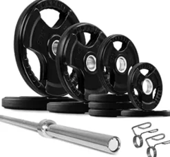 French Fitness Weight Plate Set w/ Olympic Bar 235 lbs + Bench Silver