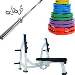 French Fitness Weight Plate Set with Olympic Bar 305 lbs + Bench