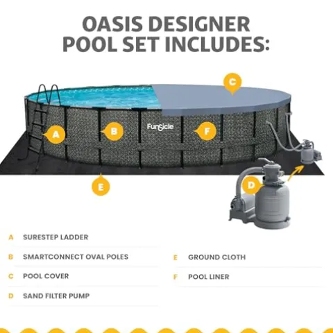 Funsicle Oasis Designer Round Frame Above Ground Pool with Filter Pump and Cover Dark Herringbone