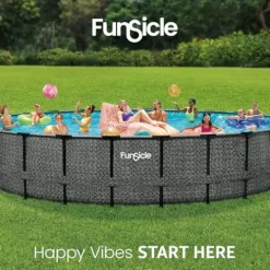 Funsicle Oasis Designer Round Frame Above Ground Pool with Filter Pump and Cover Dark Herringbone