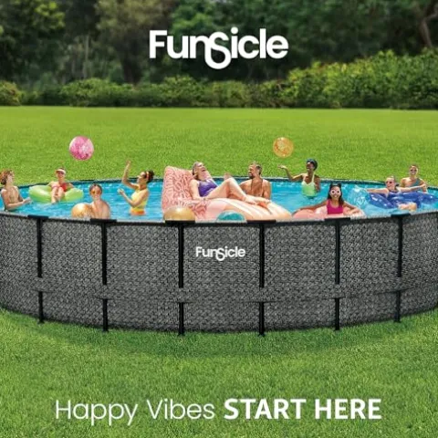 Funsicle Oasis Designer Round Frame Above Ground Pool with Filter Pump and Cover Dark Herringbone