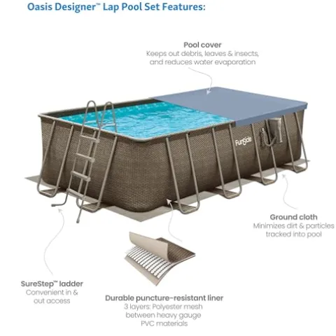 Funsicle Oasis Designer Rectangular Above Ground Pool with Accessories Kit Brown Basket