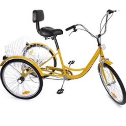 FVSTR GEESEN 24 Inch Adult Tricycle Trike 3 Wheel Bike 6 Speed Shift 6-Speed Gears, Scout Trike + Shopping Basket Yellow