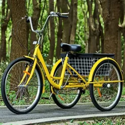 FVSTR GEESEN 24 Inch Adult Tricycle Trike 3 Wheel Bike 6 Speed Shift 6-Speed Gears, Scout Trike + Shopping Basket Yellow