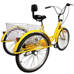 FVSTR GEESEN 24 Inch Adult Tricycle Trike 3 Wheel Bike 6 Speed Shift 6-Speed Gears, Scout Trike + Shopping Basket Yellow