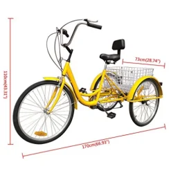 FVSTR GEESEN 24 Inch Adult Tricycle Trike 3 Wheel Bike 6 Speed Shift 6-Speed Gears, Scout Trike + Shopping Basket Yellow