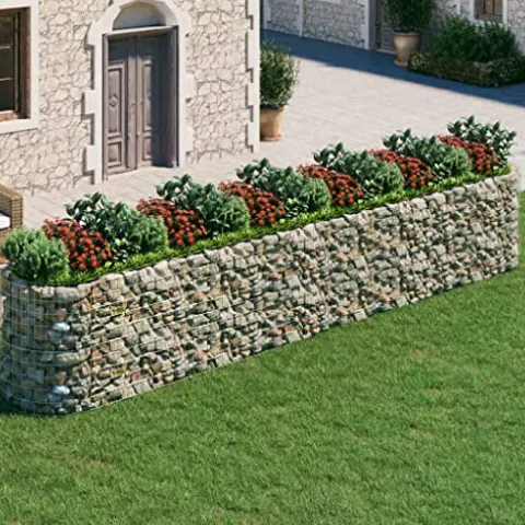 Gabion Raised Bed Galvanized Iron 236.2″x39.4″x39.4″ with Self-Watering Ceramic Flower Pots in White and Black