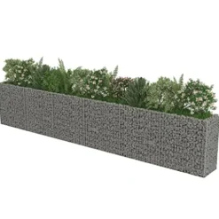 Gabion Raised Bed Galvanized Steel 212.6″x19.7″x39.4″ with Self-Watering Ceramic Flower Pots White Black