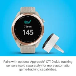 Garmin Approach S42 GPS Golf Smartwatch Rose Gold Ceramic Bezel Tan Silicone Band