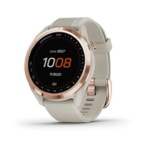 Garmin Approach S42 GPS Golf Smartwatch Rose Gold Ceramic Bezel Tan Silicone Band