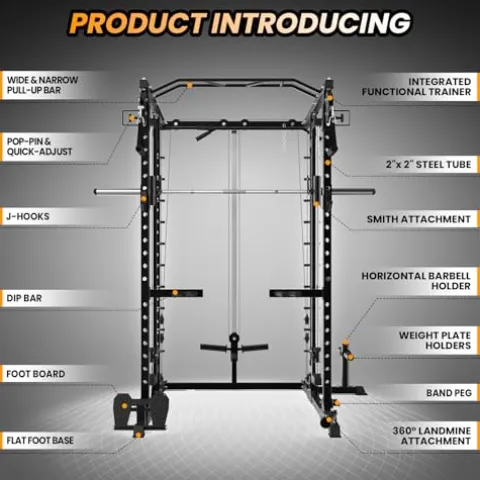 GarveeLife Power Cage SmithBar 2000 LBS Rack with Cable System Black