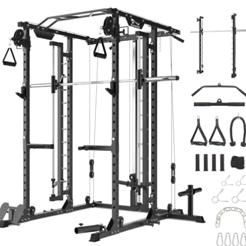 GarveeLife Power Cage SmithBar 2000 LBS Rack with Cable System Black