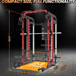 GarveeLife Power Cage Smith Machine Multi-Functional Rack with Lat Pulldown Red