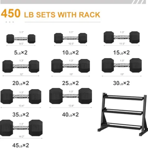 GarveeLife Premium Rubber Coated Hex Dumbbell Weight Set with Rack Black