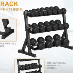 GarveeLife Premium Rubber Coated Hex Dumbbell Weight Set with Rack Black