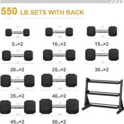 GarveeLife Premium Rubber Coated Hex Dumbbell Weight Set with Rack Black