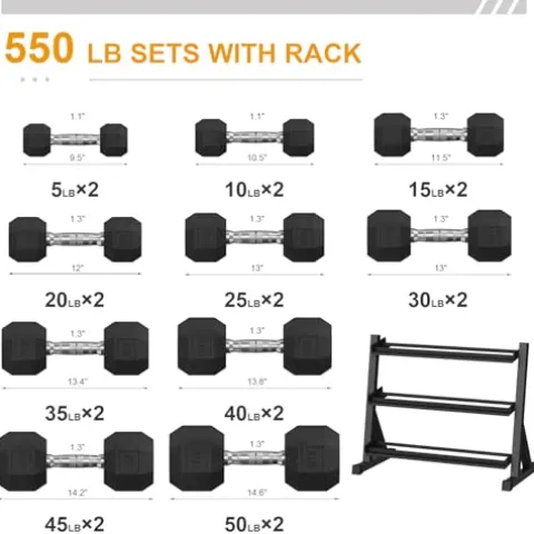 GarveeLife Premium Rubber Coated Hex Dumbbell Weight Set with Rack Black