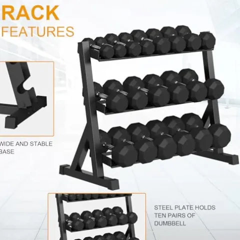 GarveeLife Premium Rubber Coated Hex Dumbbell Weight Set with Rack Black