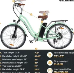 GELEISEN Electric Cruiser Bike 26″ 750W 14.5Ah Green