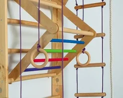 Generic Wooden Sport Ladder Set – Swedish Ladder w/Pull Up Bar, Rope Attachments, Monkey Triangle – Wall Stall Bars (Adjustable Pull Up Bar)