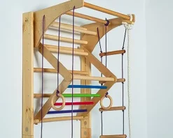 Generic Wooden Sport Ladder Set – Swedish Ladder w/Pull Up Bar, Rope Attachments, Monkey Triangle – Wall Stall Bars (Adjustable Pull Up Bar)