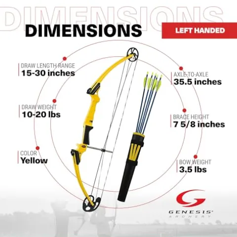 GENESIS Archery Compound Bow Kit Left-Handed Adjustable Draw Length 15″-30″ & Weight 10-20 lbs Yellow (3 Pack)