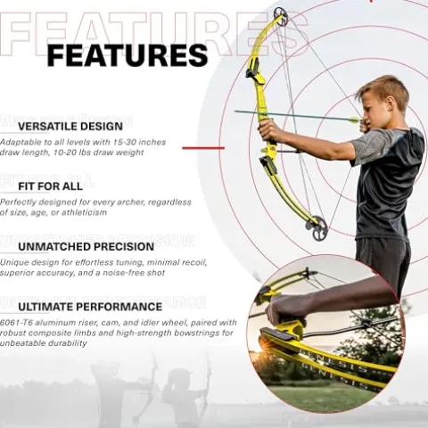 GENESIS Archery Compound Bow Kit Left-Handed Adjustable Draw Length 15″-30″ & Weight 10-20 lbs Yellow (3 Pack)