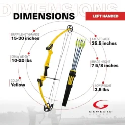 GENESIS Archery Compound Bow Kit Adjustable Draw Length 15″-30″ & Weight 10-20 lbs Left-Handed Yellow