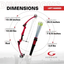 GENESIS Archery Compound Bow Kit Left-Handed Adjustable Draw Length 15″-30″ & Weight 10-20 lbs Red