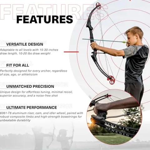 GENESIS Archery Compound Bow Adjustable Draw Length 15″-30″ & Weight 10-20 lbs Left-Handed Black