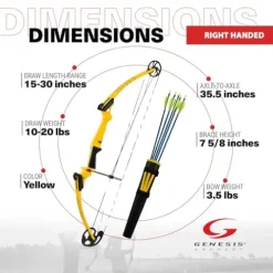 GENESIS Archery Original Adjustable Right-Handed Compound Bow Kit with Belt Quiver, Arm Guard, Arrows Yellow