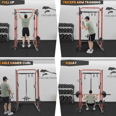 GOCAPTAIN Power Cage Multi-Functional Rack with Cable Cross-Over and Lat Pull Down Black/Red