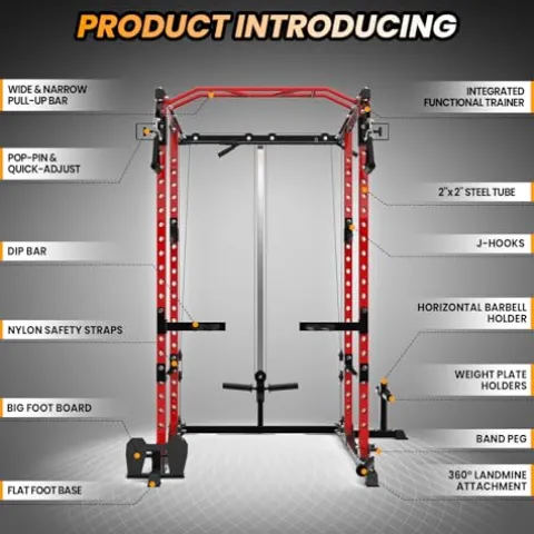 GOCAPTAIN Power Cage Multi-Functional Rack with Cable Cross-Over and Lat Pull Down Black/Red