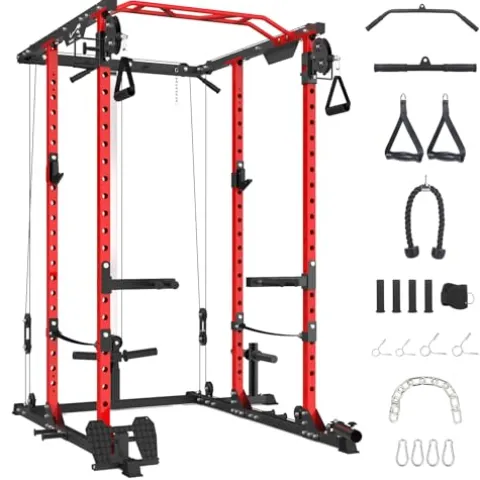 GOCAPTAIN Power Cage Multi-Functional Rack with Cable Cross-Over and Lat Pull Down Black/Red