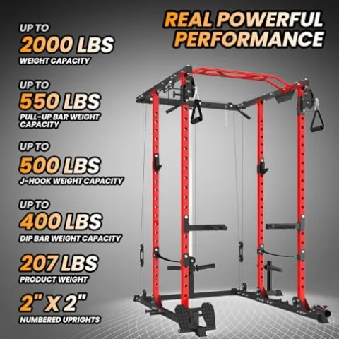 GOCAPTAIN Power Cage Multi-Functional Rack with Cable Cross-Over and Lat Pull Down Black/Red