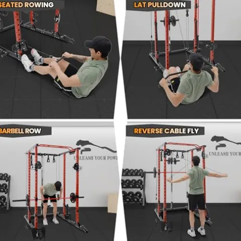 GOCAPTAIN Power Cage Multi-Functional Rack with Cable Cross-Over and Lat Pull Down Black/Red