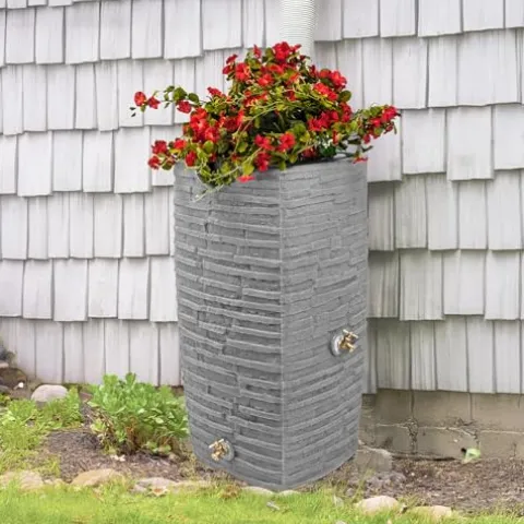 Good Ideas Impressions Riverwalk 50 Gallon Faux Slate Dual Spigot Rain Barrel Dark Granite