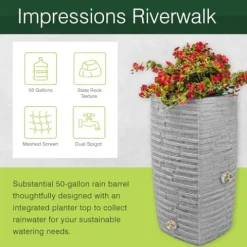 Good Ideas Impressions Riverwalk 50 Gallon Faux Slate Dual Spigot Rain Barrel Dark Granite