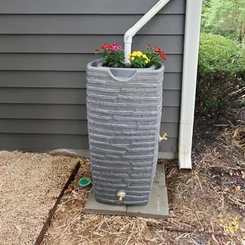 Good Ideas Impressions Riverwalk 50 Gallon Faux Slate Dual Spigot Rain Barrel Dark Granite