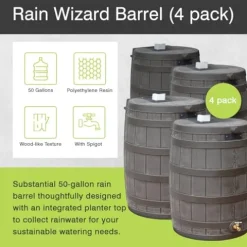 Good Ideas Rain Wizard 50 Gallon Plastic Rain Barrel Water Storage Collector with Brass Spigot, Oak