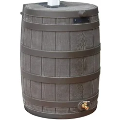 Good Ideas Rain Wizard 50 Gallon Plastic Outdoor Rain Barrel Water Collector with Brass Spigot, Oak