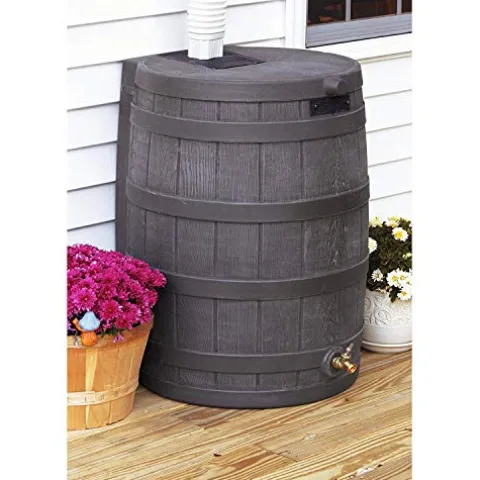 Good Ideas Rain Wizard 50 Gallon Plastic Outdoor Rain Barrel Water Collector with Brass Spigot, Oak