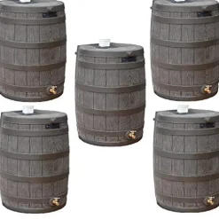 Good Ideas Rain Wizard 50 Gallon Plastic Outdoor Rain Barrel Water Collector with Brass Spigot, Oak