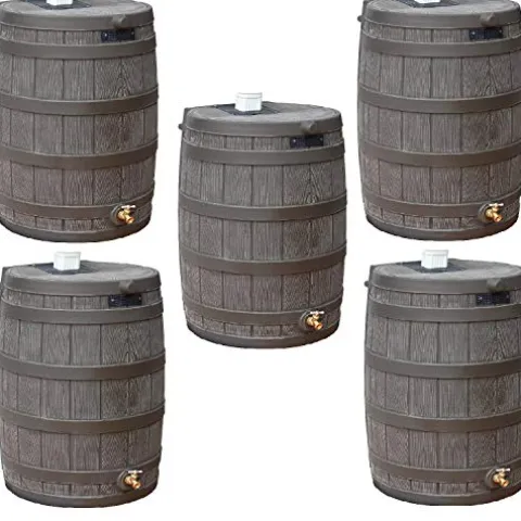 Good Ideas Rain Wizard 50 Gallon Plastic Outdoor Rain Barrel Water Collector with Brass Spigot, Oak