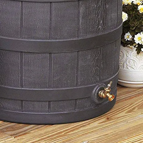 Good Ideas Rain Wizard 50 Gallon Plastic Outdoor Rain Barrel Water Collector with Brass Spigot, Oak